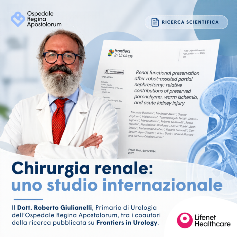 Il Dott. Roberto Giulianelli, Primario di Urologia dell'Ospedale Regina Apostolorum di Albano Laziale, accanto alla pubblicazione scientifica su Frontiers in Urology dedicata alla funzionalità renale.